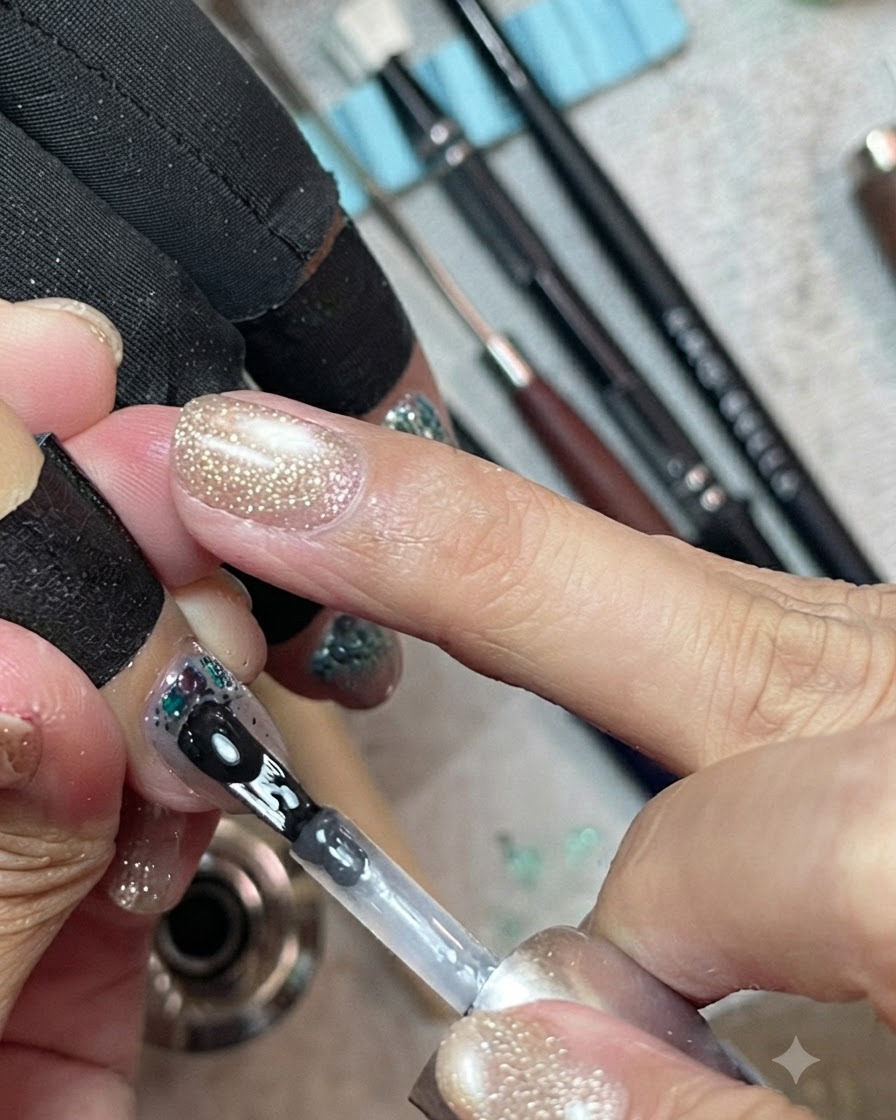 Un pinceau à ongles appliquant du gel dencapsulation transparent sur la pointe dun ongle décoré de sequins bleu menthe.