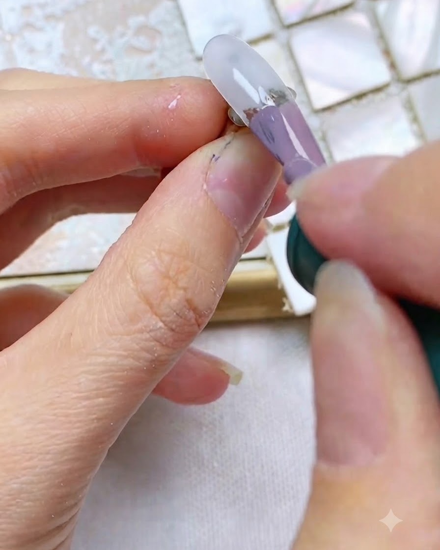 Un pinceau à ongle appliquant un trait épais de gel gris-violet au centre dun bout dongle blanc translucide.