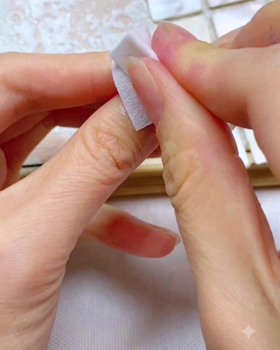 Des doigts utilisant une lingette blanche non pelucheuse pour nettoyer soigneusement le gel gris-violet de la plaque de longle.
