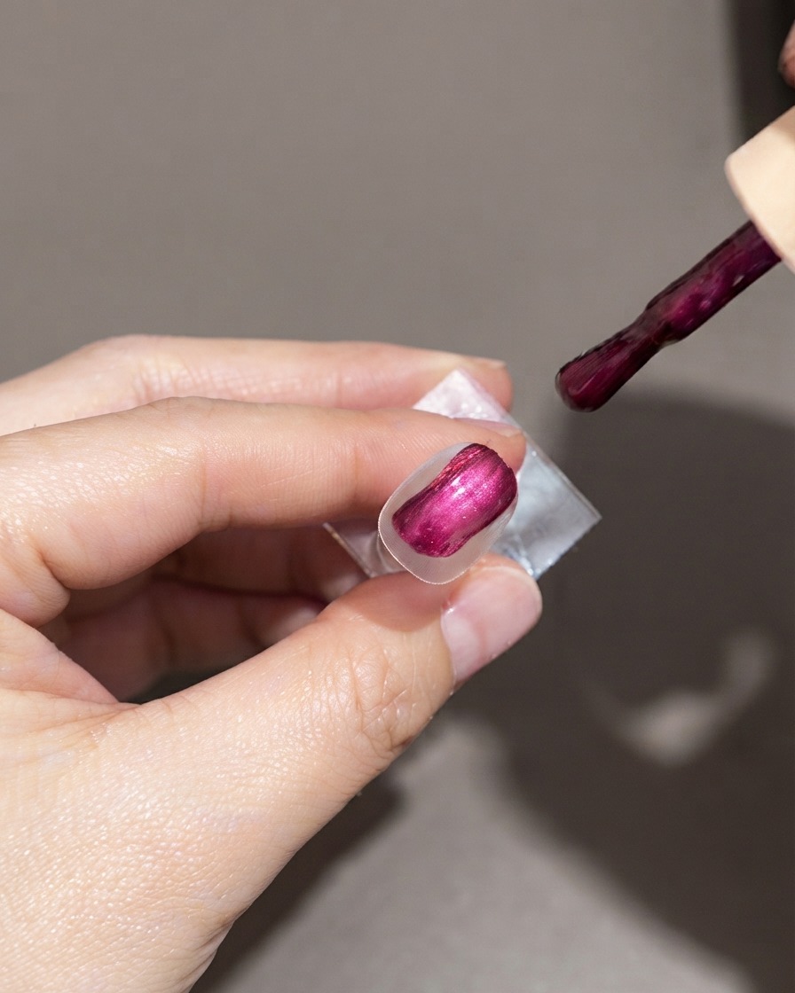 Le bout dun ongle entièrement recouvert de vernis gel violet foncé brillant, avec le pinceau dapplication à proximité.