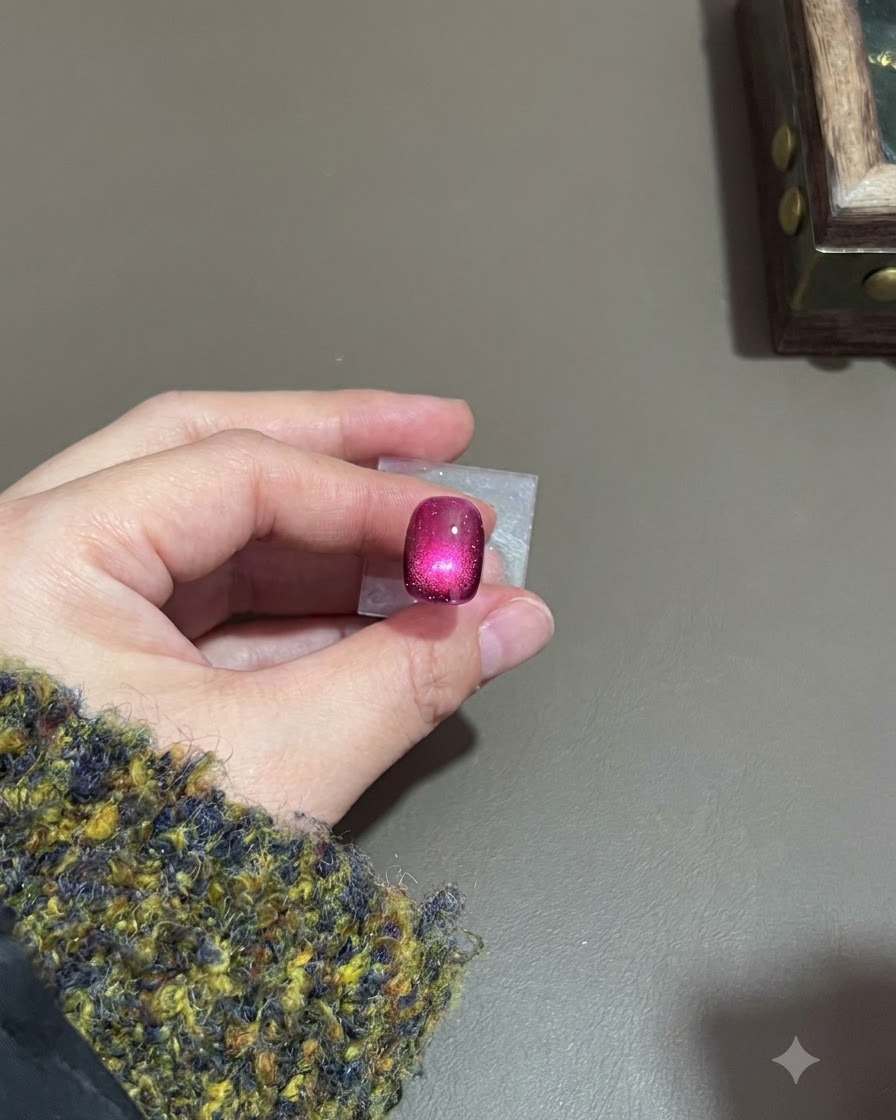 Un ongle cat-eye violet foncé avec un reflet lumineux catalysé sous une lampe.