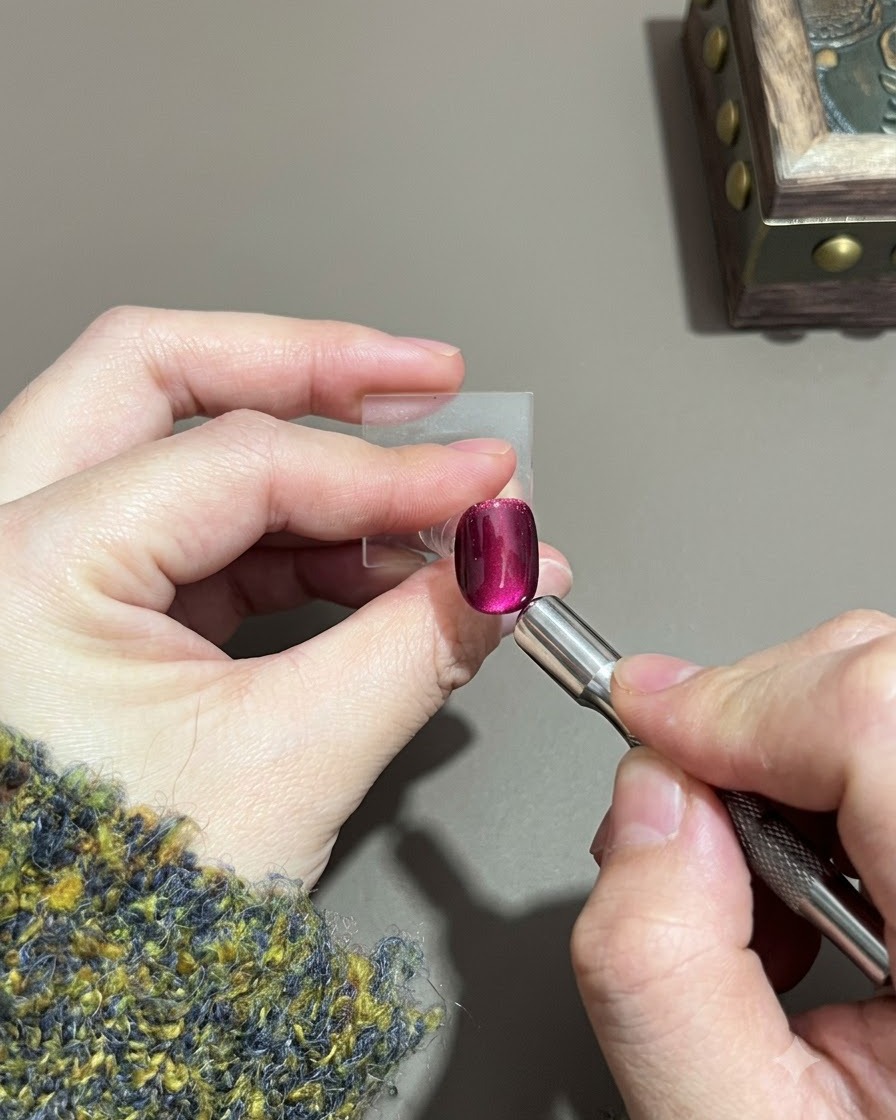 Un aimant poussé vers le haut le long de la surface dun ongle en gel violet.