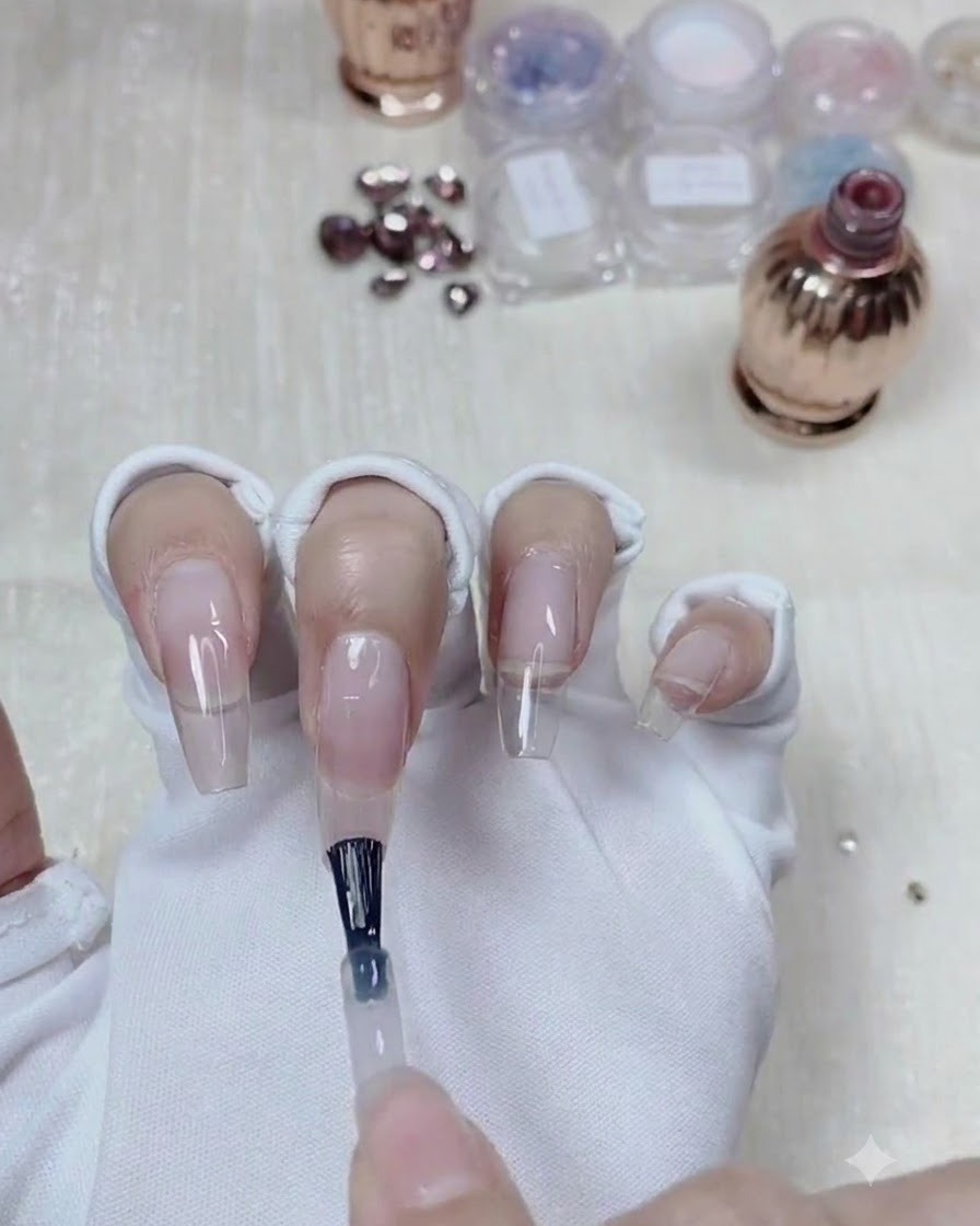 Un pinceau plat balayant et mélangeant le gel vers le haut sur un ongle pour créer un dégradé.