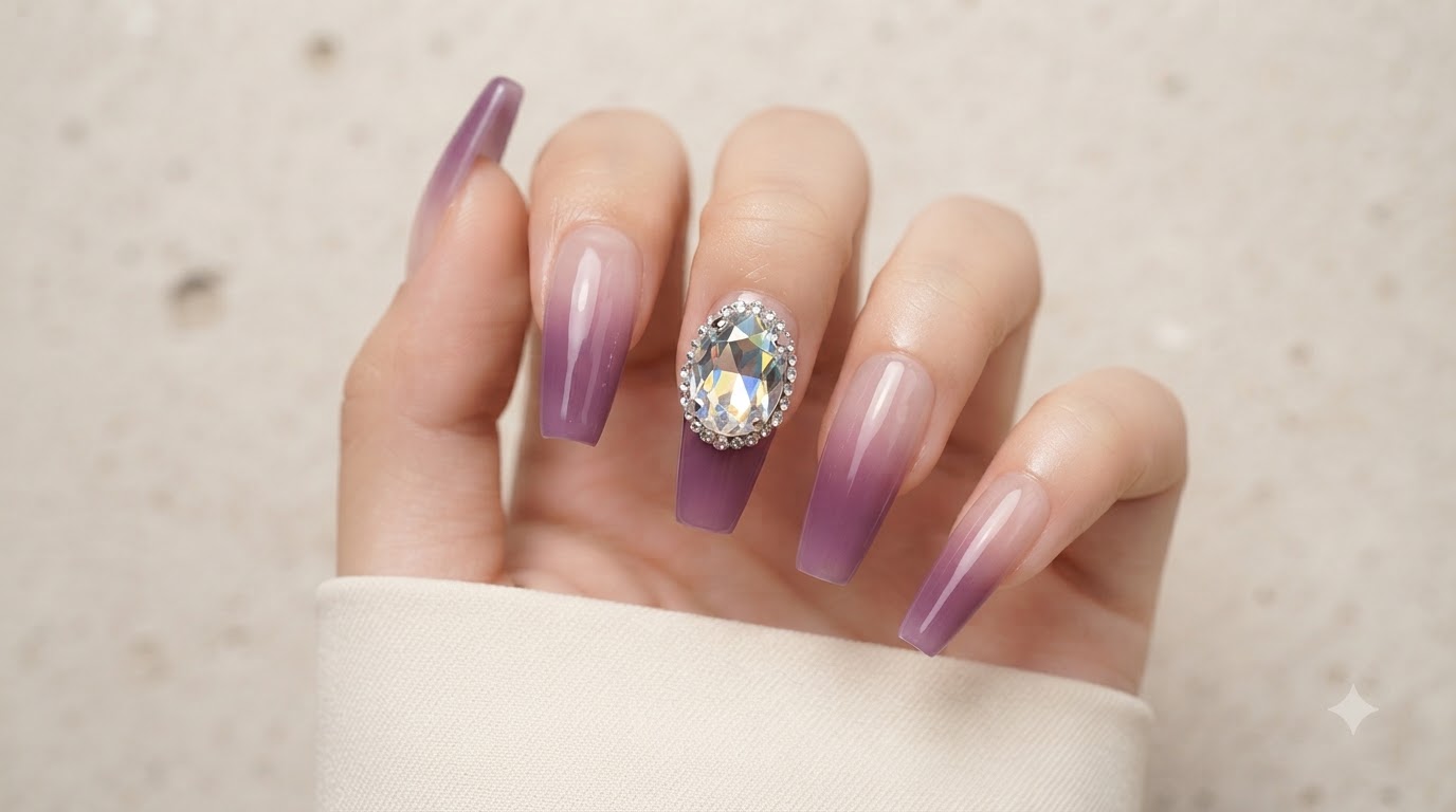 Ongles Press-on Dégradé Violet Taro et Cristaux Brillants - Tutoriel Pas à Pas