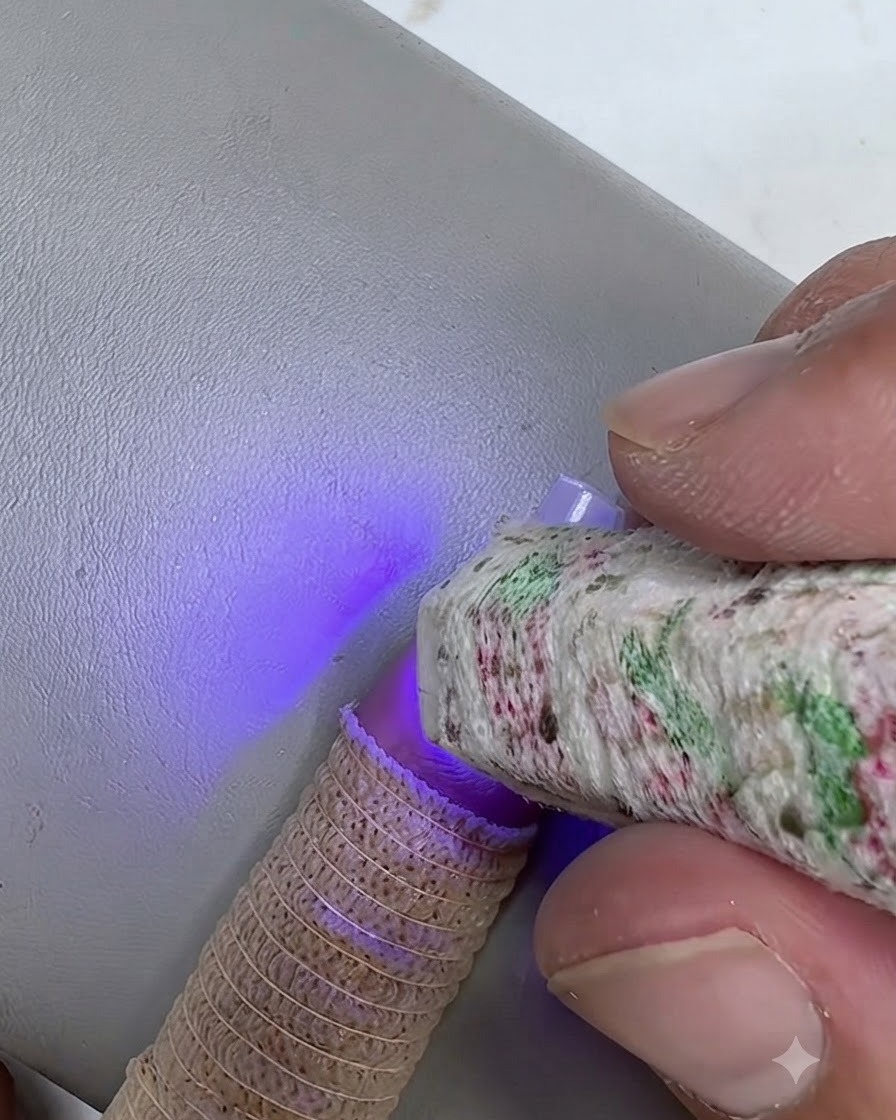 Un gros plan dune mini lampe UV/LED portable diffusant une lumière violette pour catalyser un gel transparent sur un ongle naturel.
