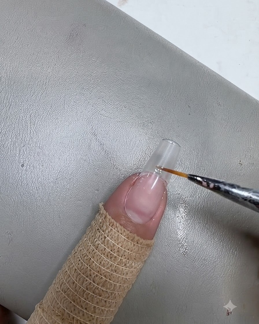 Un pinceau liner fin appliquant une bande de gel transparent horizontalement sur le bord libre dun ongle naturel préparé.