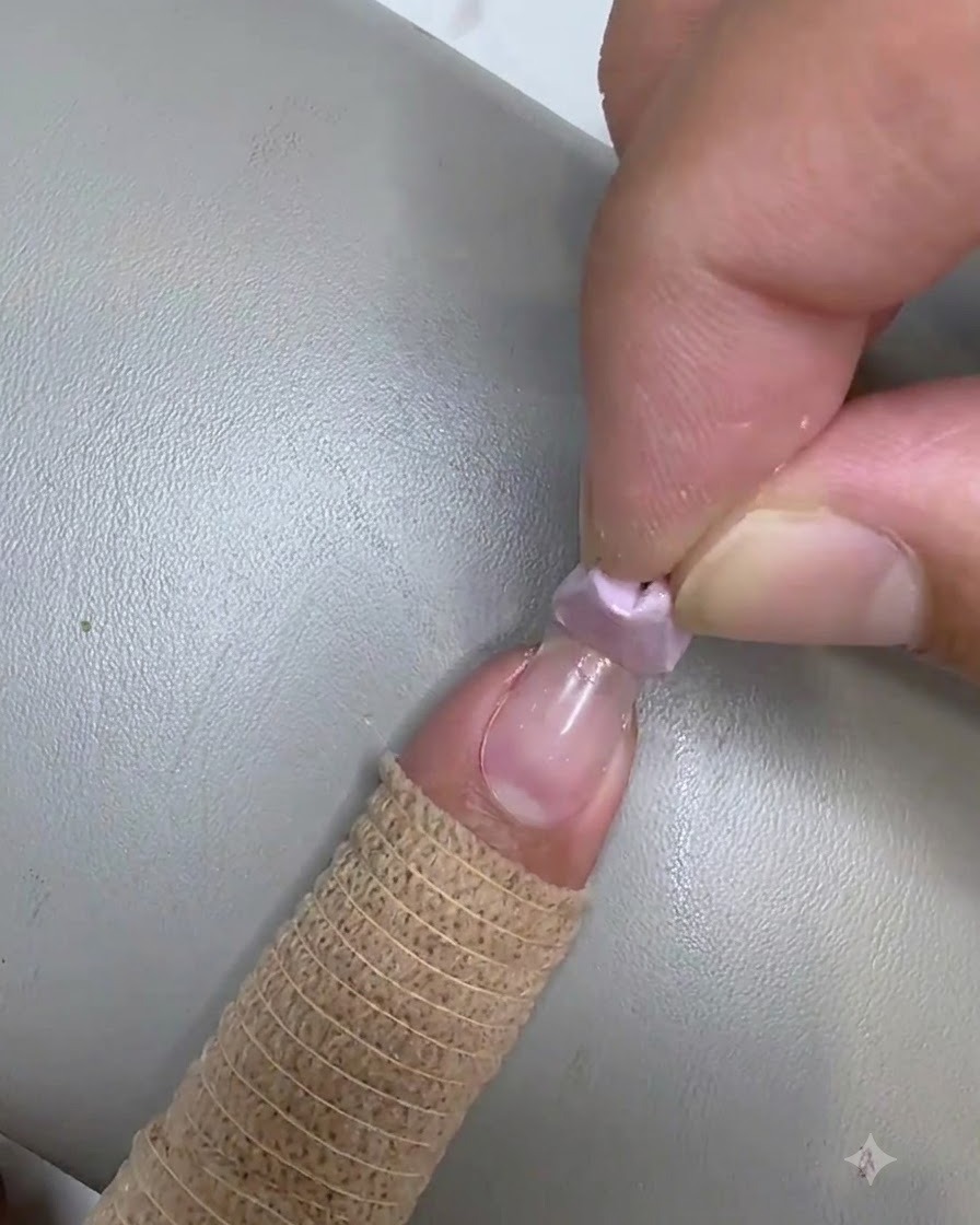 Une petite éponge à maquillage utilisée pour tapoter le gel transparent sur le bout dun ongle.