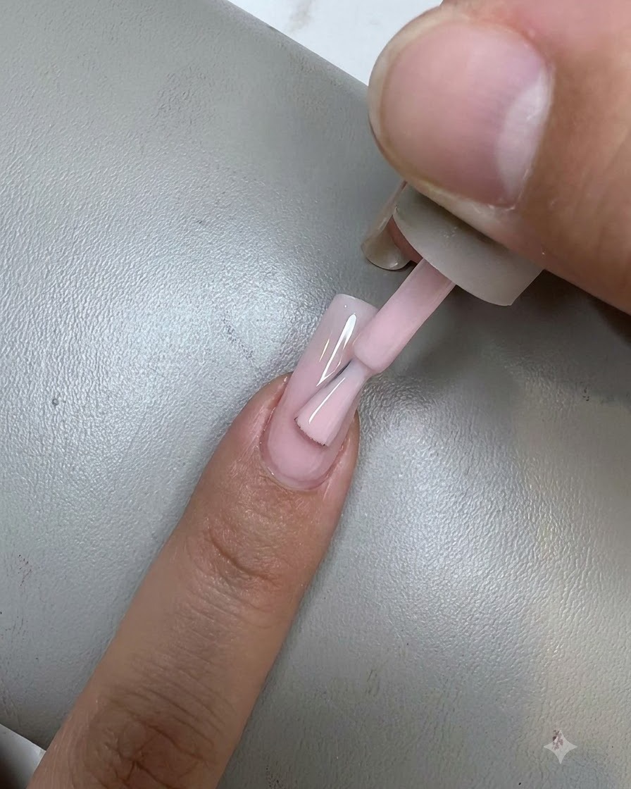 Un pinceau de vernis à ongles appliquant une couche lisse de gel rose nude sur un ongle, glissant de la cuticule vers le bout.