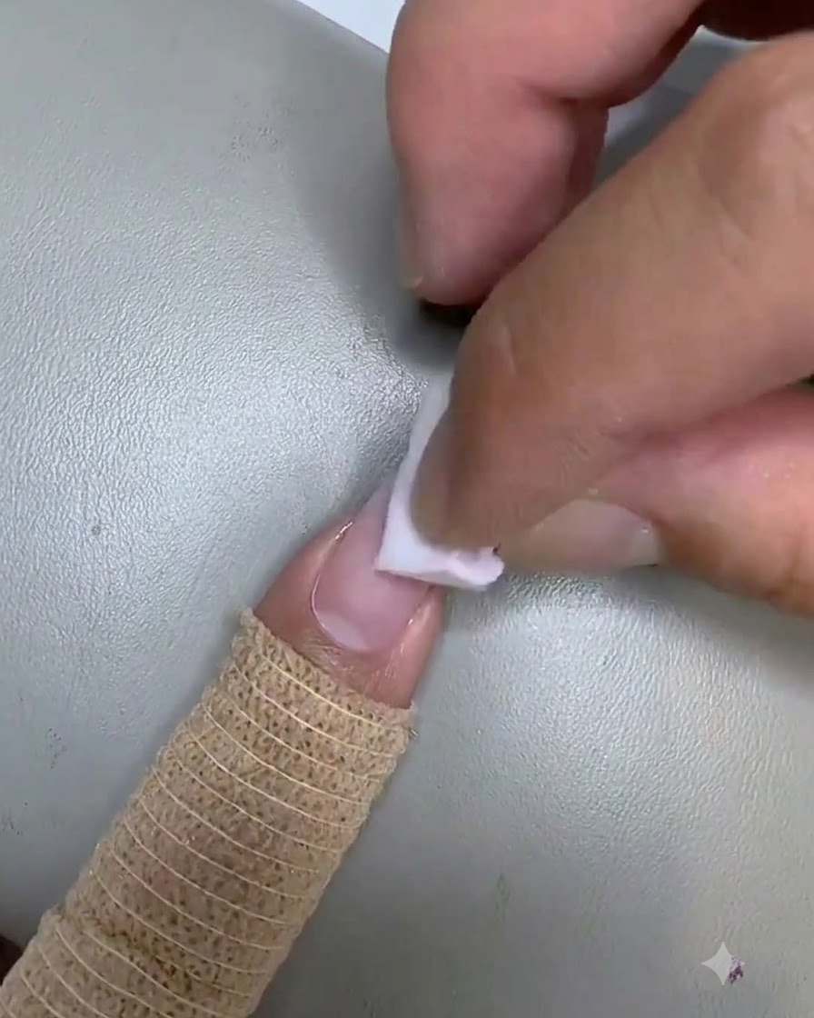 Une petite éponge tapotant du gel rose sur la surface de longle pendant létape de création du dégradé.