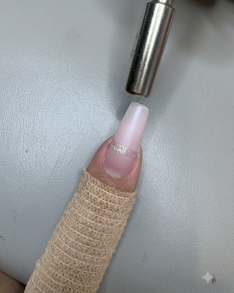 Un outil magnétique cylindrique tenu directement au-dessus dune rayure argentée sur un ongle dégradé.