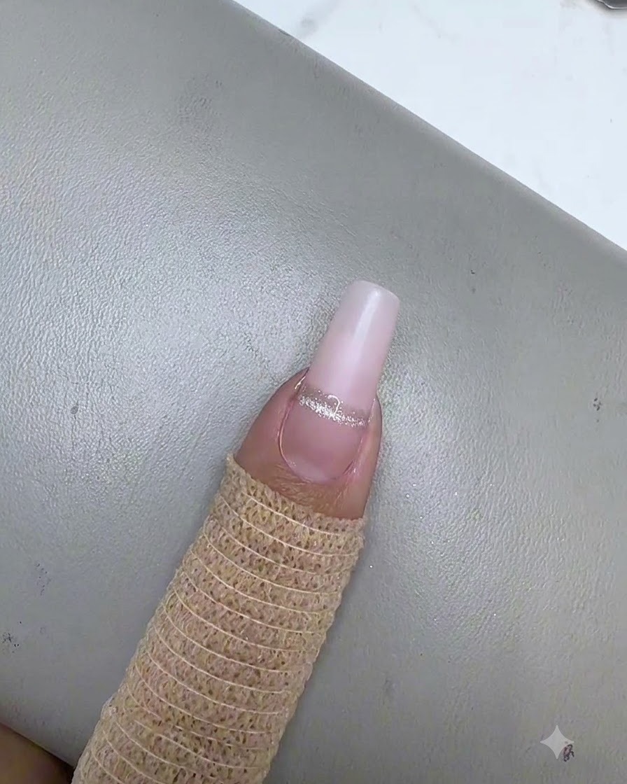 Une mini lampe UV LED violette catalysant une seule rayure cat eye argentée sur un ongle en gel rose nude.