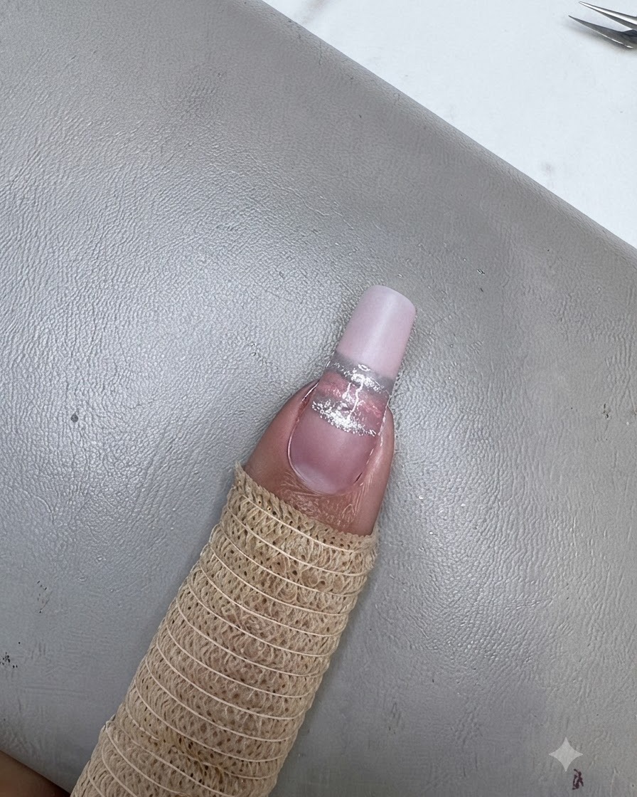 Un ongle avec une rayure cat eye bleue en train dêtre catalysée sous une mini lampe UV/LED.