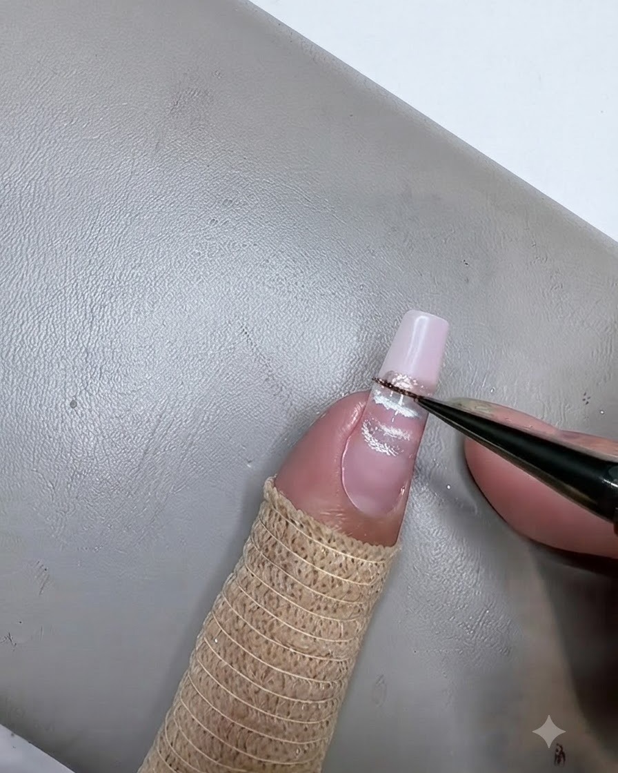 Un pinceau liner fin appliquant une rayure de gel cat eye couleur champagne horizontalement sur longle.