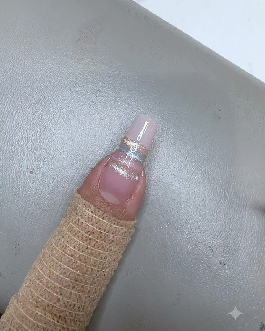 Une vue rapprochée de sequins étoiles argentées en train dêtre placés le long du motif de rayures sur un ongle en gel non catalysé.