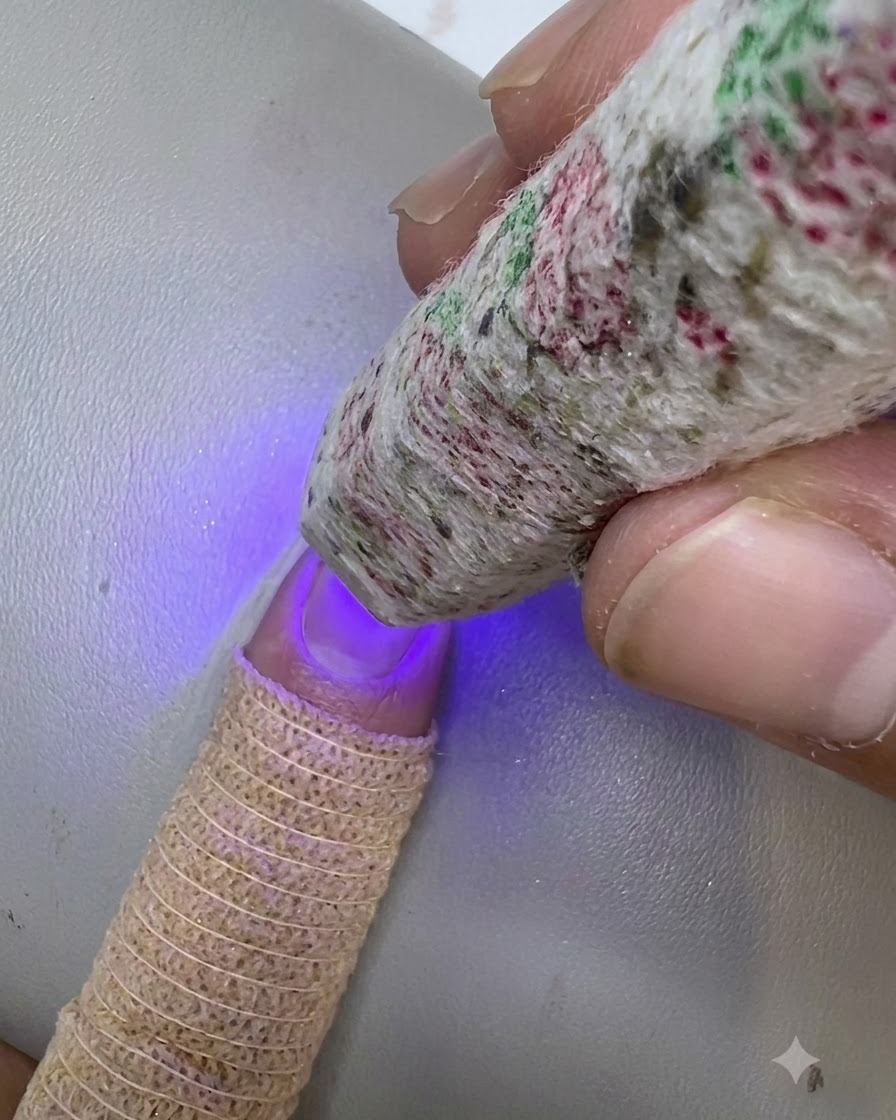 Une mini lampe UV LED catalysant la couche de finition sur un ongle décoré terminé.
