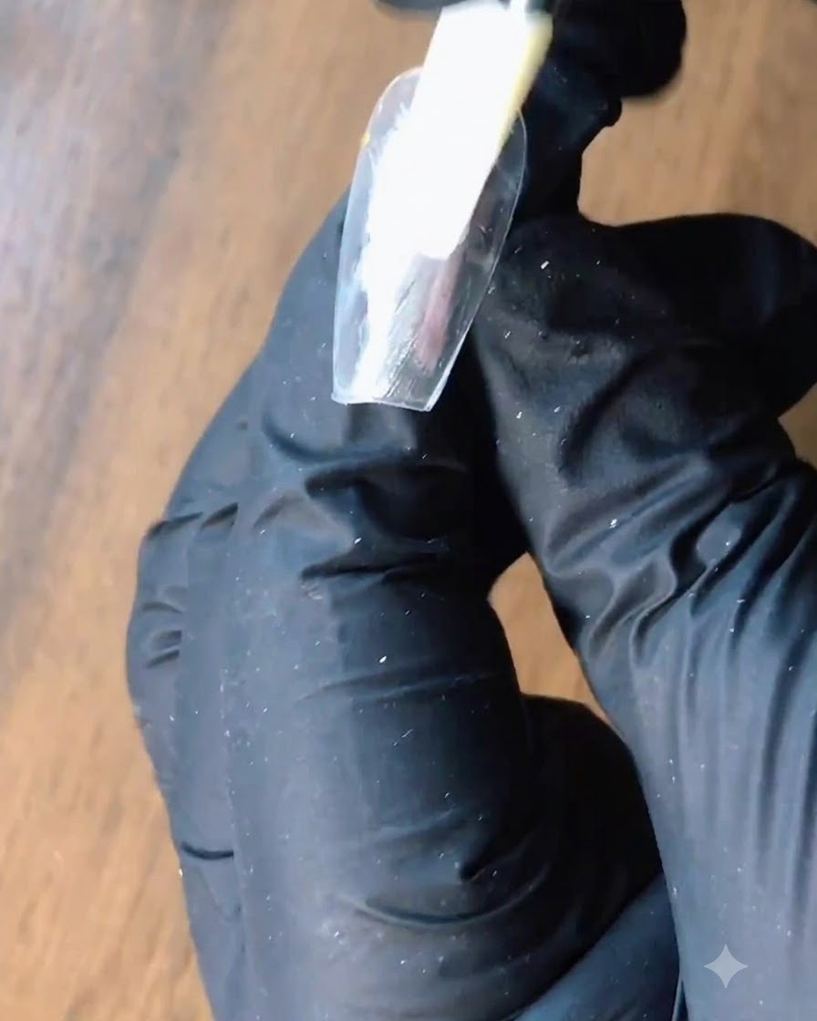 Un embout en mousse pour fard à paupières déposant de la poudre argentée sur un ongle.
