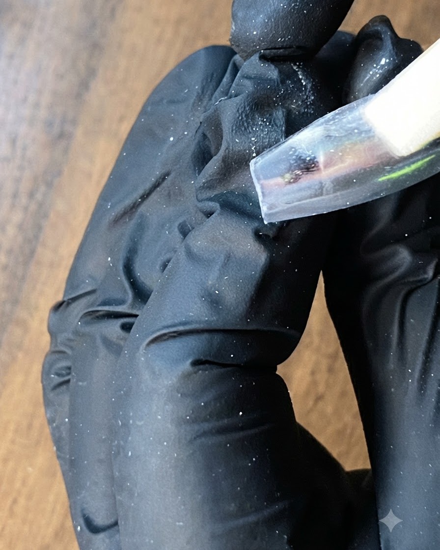 Gros plan sur une éponge pressant de la poudre argentée sur la surface dun ongle.