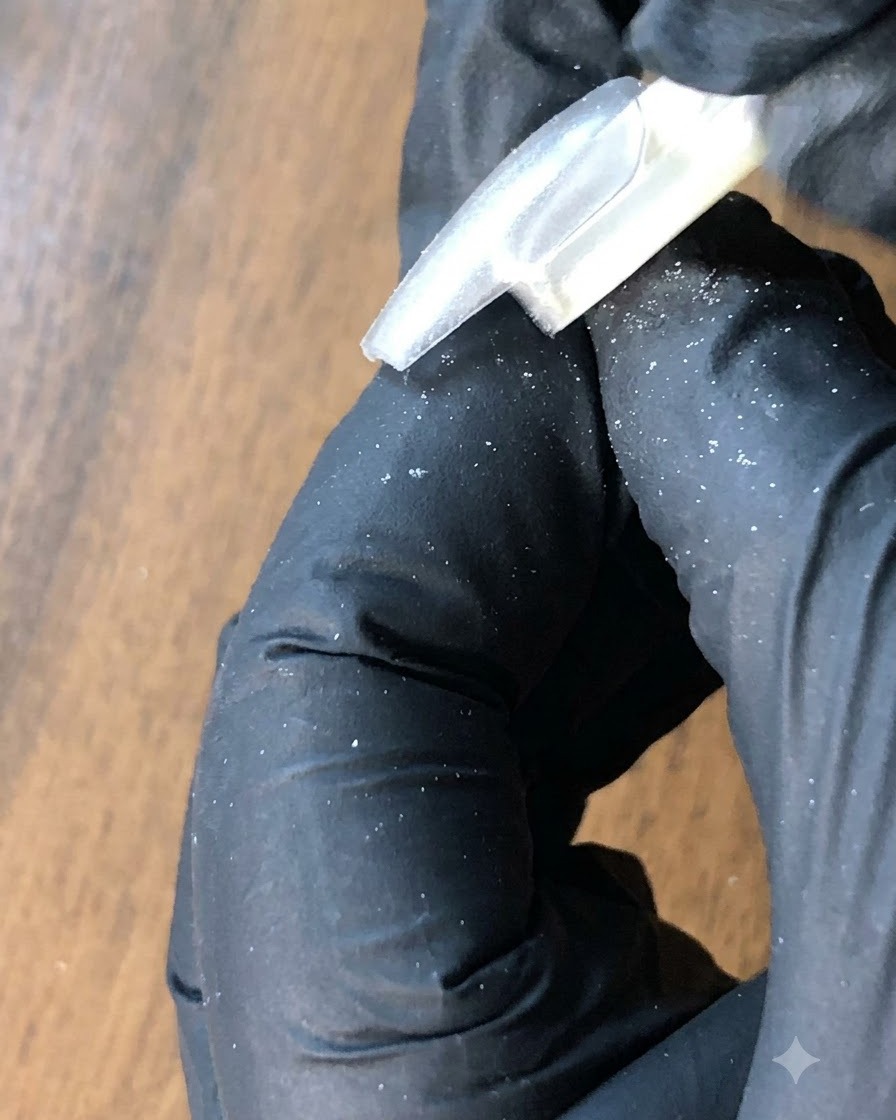 Une brosse anti-poussière éliminant la poudre dargent en excès sur un ongle.