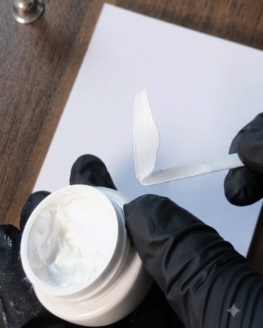 Une main gantée utilisant une spatule pour étaler et tapoter du gel de peinture blanc sur une palette de mélange propre.