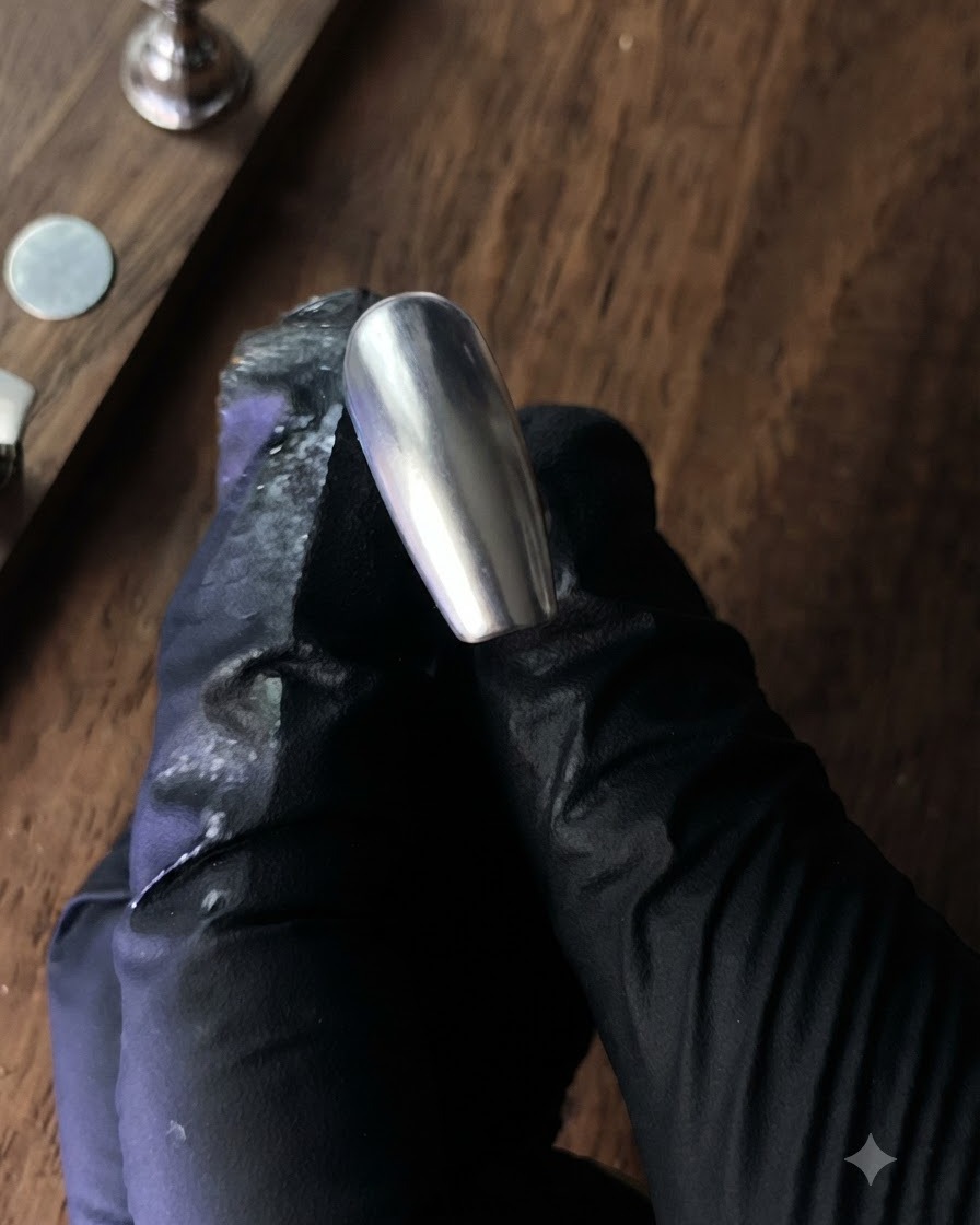 Un faux ongle chrome argenté présenté sur fond sombre, montrant la transition du dégradé.