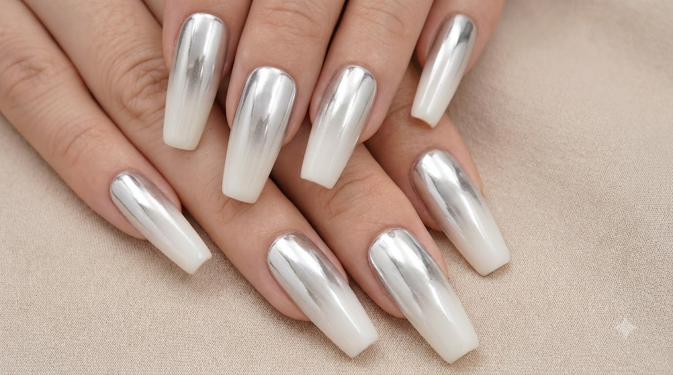 Faux-ongles Chrome Argenté et Dégradé Blanc — Tutoriel Pas à Pas