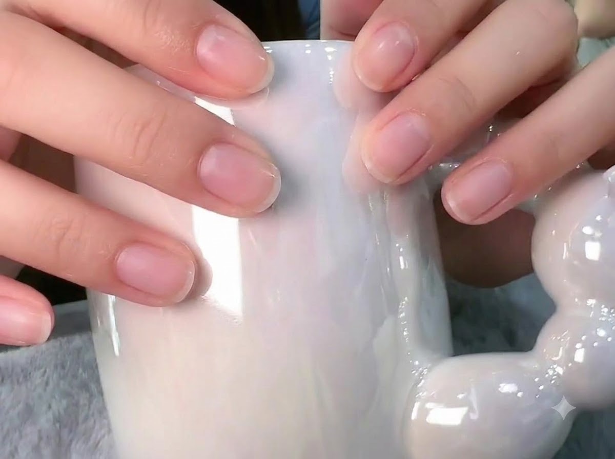 Vue rapprochée de doigts tenant une tasse blanche avec des strass individuels placés près des cuticules des ongles.