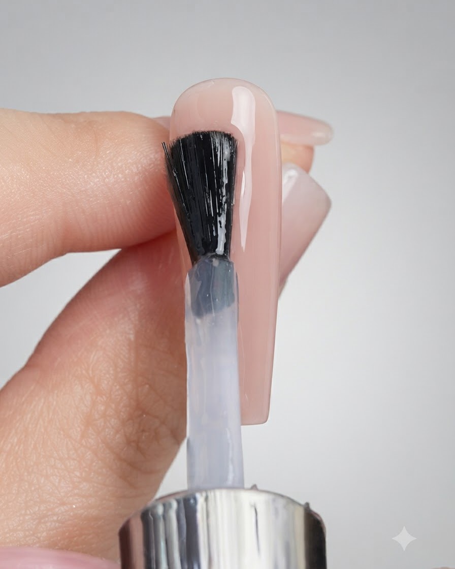 Un pinceau appliquant une couche de gel de finition transparent sur une extension dongle de couleur nude.