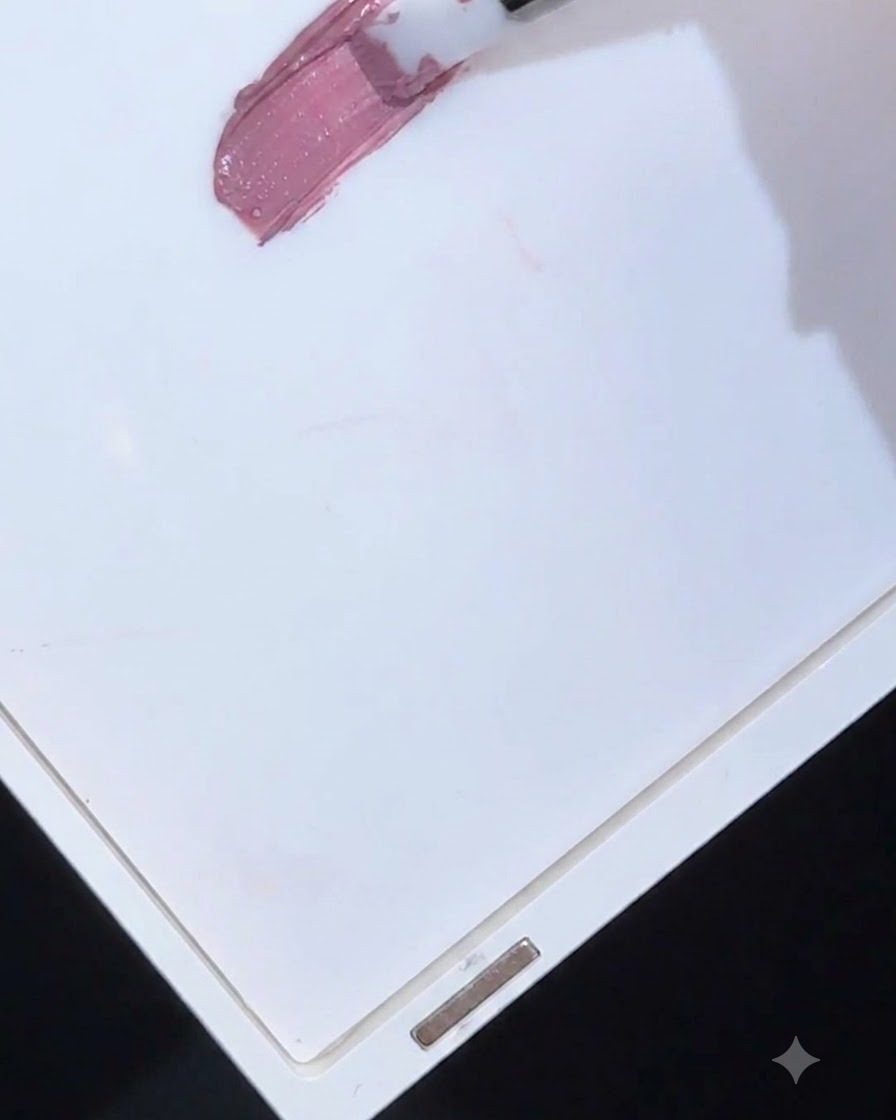 Un pinceau étalant du gel de couleur mauve sur une palette en plastique blanc.