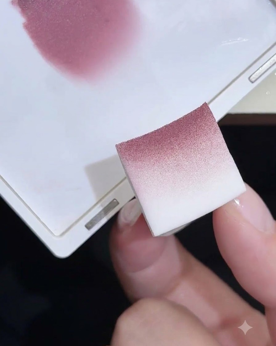 Une éponge en mousse montrant une texture de gel et de poudre dégradée rose pâle après avoir été travaillée sur une palette.