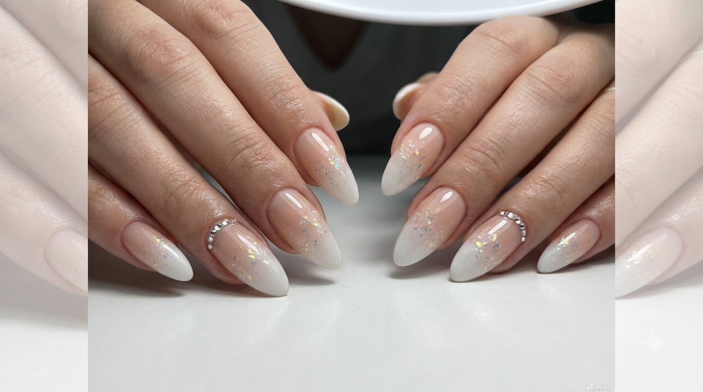 Tutoriel Ongles Dégradé Nude et Blanc Laiteux avec Strass et Paillettes Fée