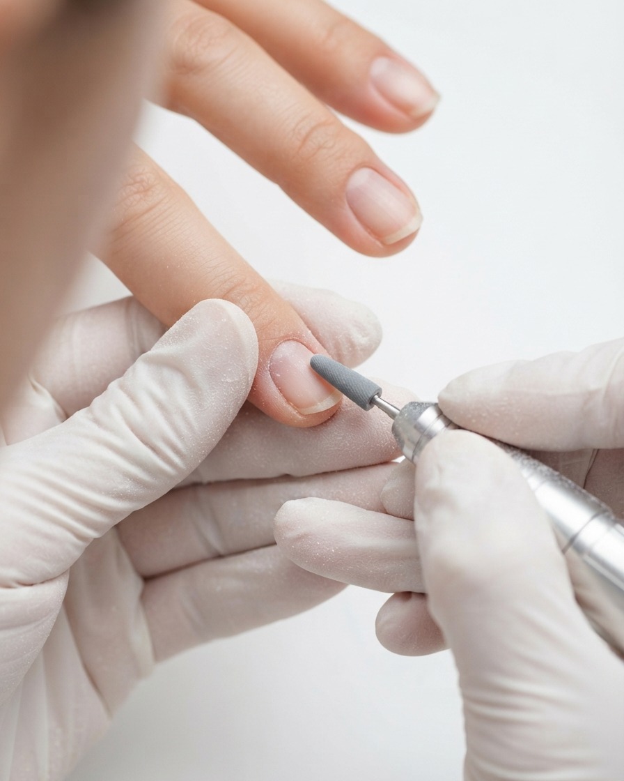 Un embout ponceur dE-file limant soigneusement le contour des cuticules dun ongle.