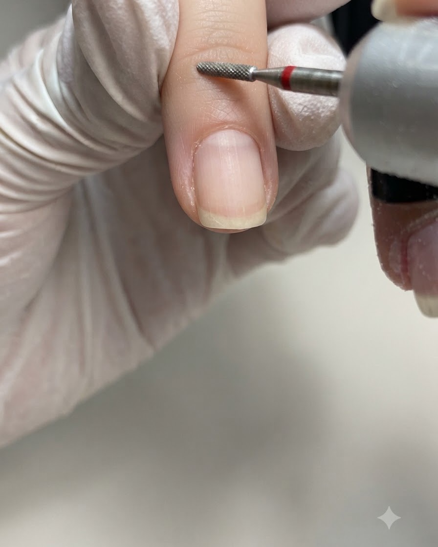 Une main gantée tenant une ponceuse avec un petit embout diamanté en flamme, nettoyant soigneusement la poche de la cuticule sur le côté droit dun ongle naturel.