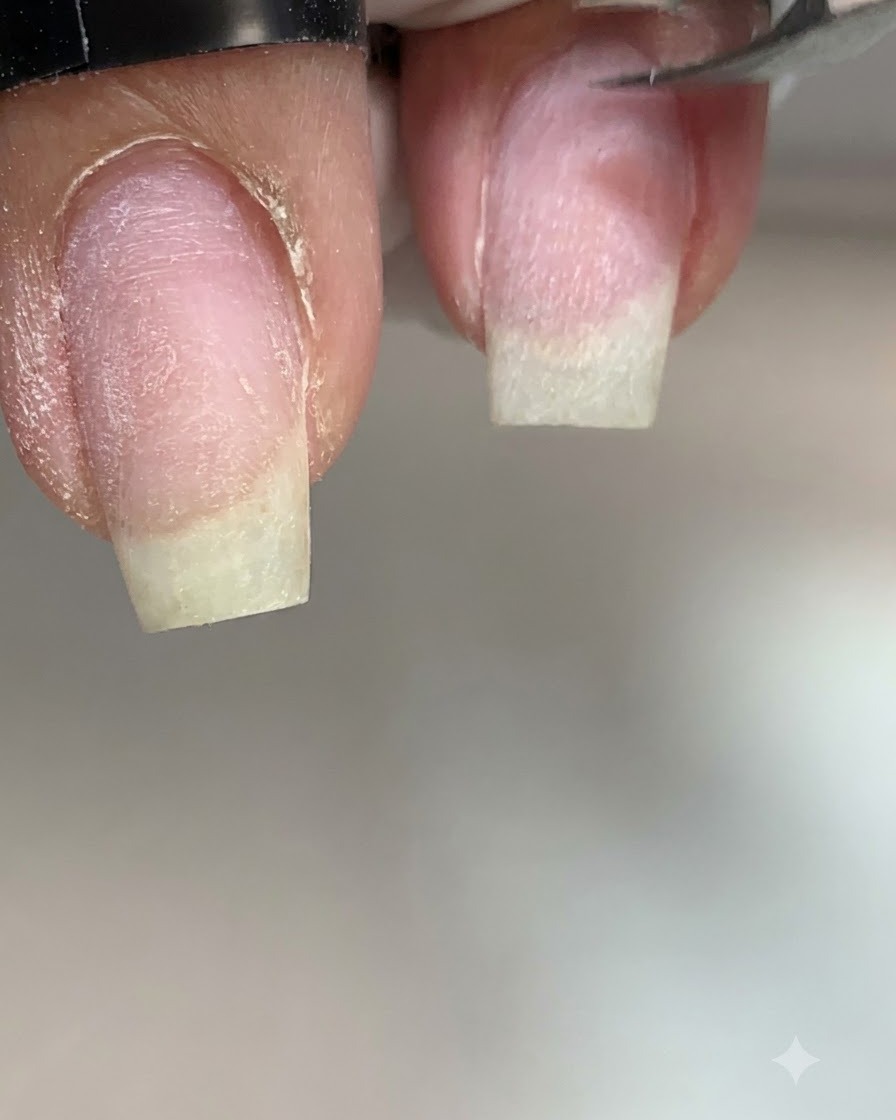 Gros plan extrême dune pince à cuticules en métal coupant avec précision la peau sèche et soulevée le long de la paroi latérale gauche dun ongle naturel.