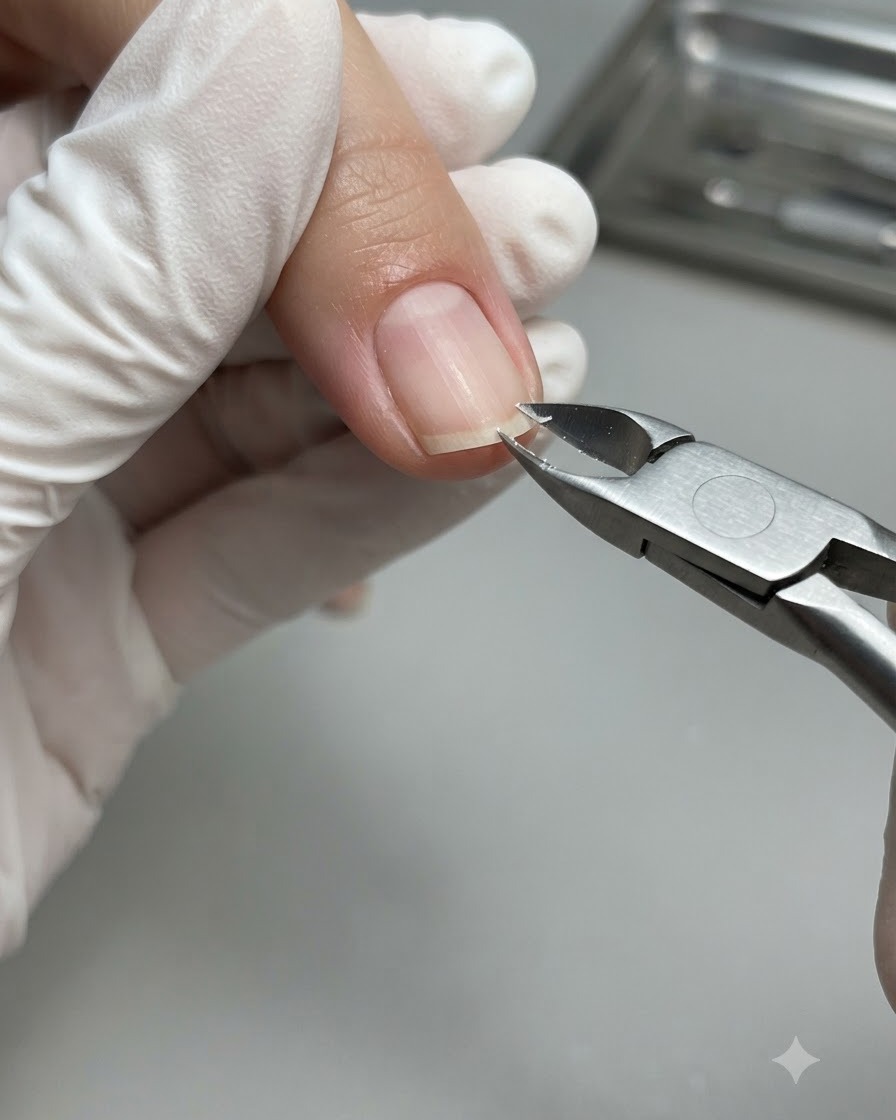 Une main gantée utilisant une pince à cuticules en métal tranchante pour couper délicatement la peau morte blanche et sèche le long du côté droit de la ligne de cuticule sur un ongle naturel.