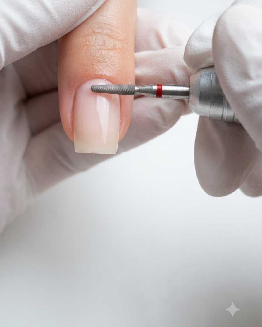 Gros plan dune ponceuse avec un petit embout micro-diamant polissant doucement la peau autour du pli unguéal proximal dun ongle naturel préparé.