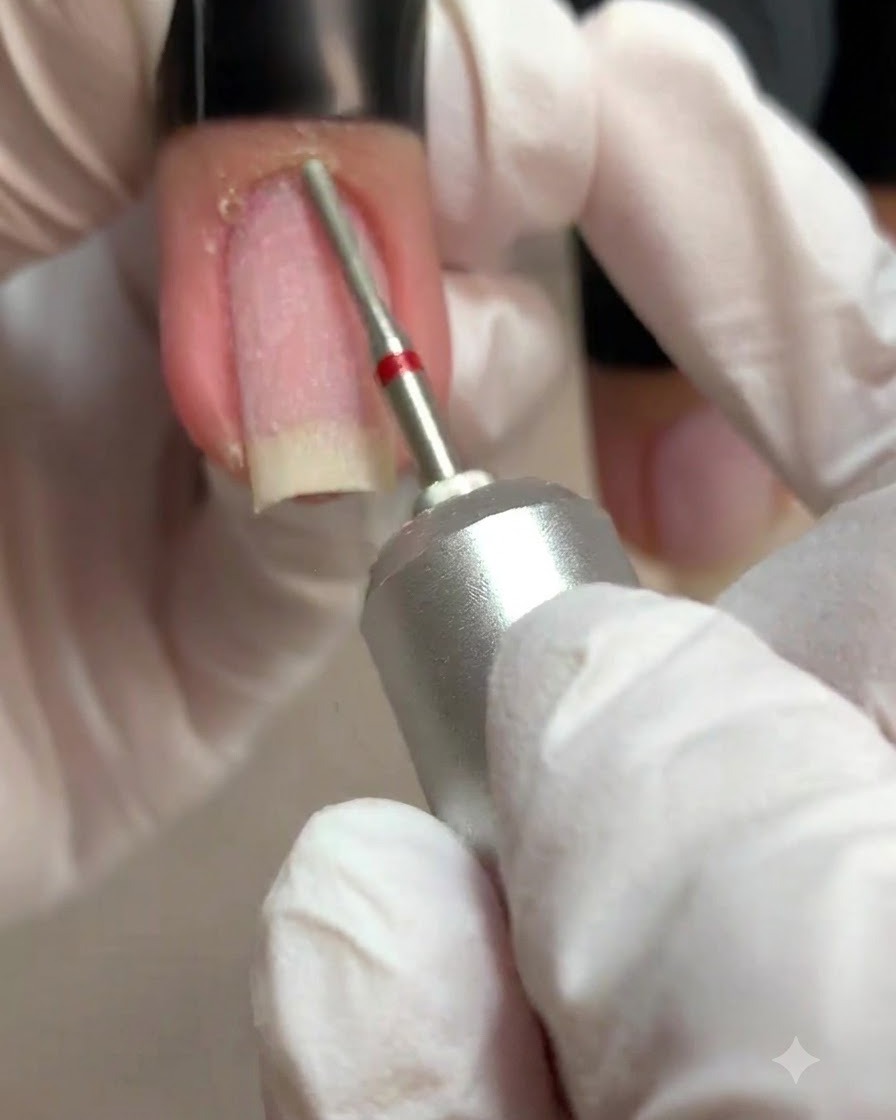 Une main gantée utilisant une ponceuse avec un micro-embout fin pour éliminer délicatement la peau sèche sur les replis latéraux à côté dun ongle naturel.