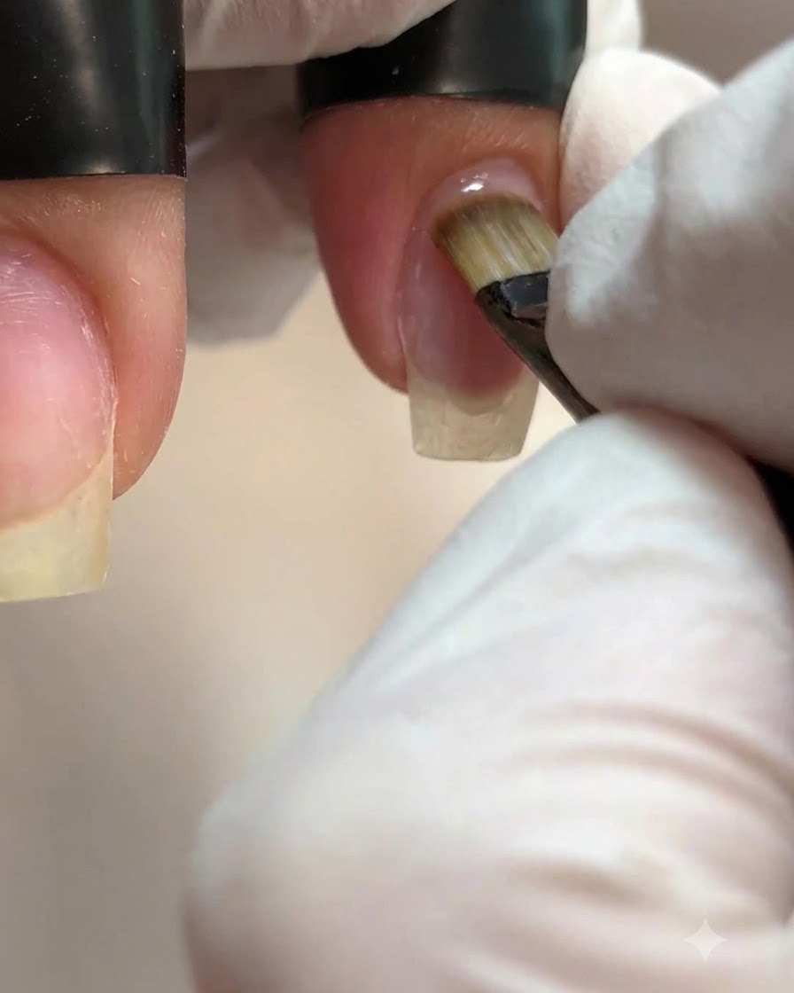 Un pinceau à ongle appliquant du gel de base transparent sur une plaque dongle naturel.