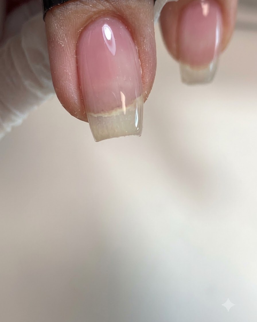 Gros plan dun ongle montrant une goutte épaisse de gel de construction transparent appliquée au centre.