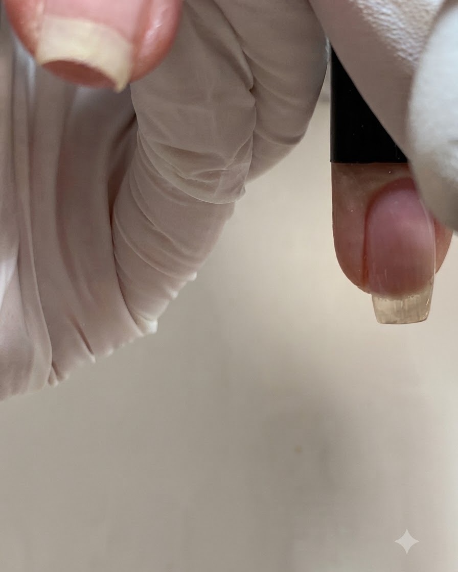 Une main gantée tenant un doigt stable sous une lampe de polymérisation.
