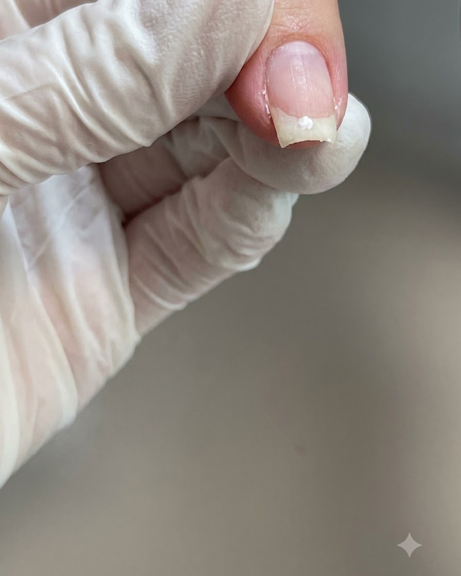 Un doigt ganté tenant un carré de cellulose non pelucheux imbibé de nettoyant sur un ongle catalysé.