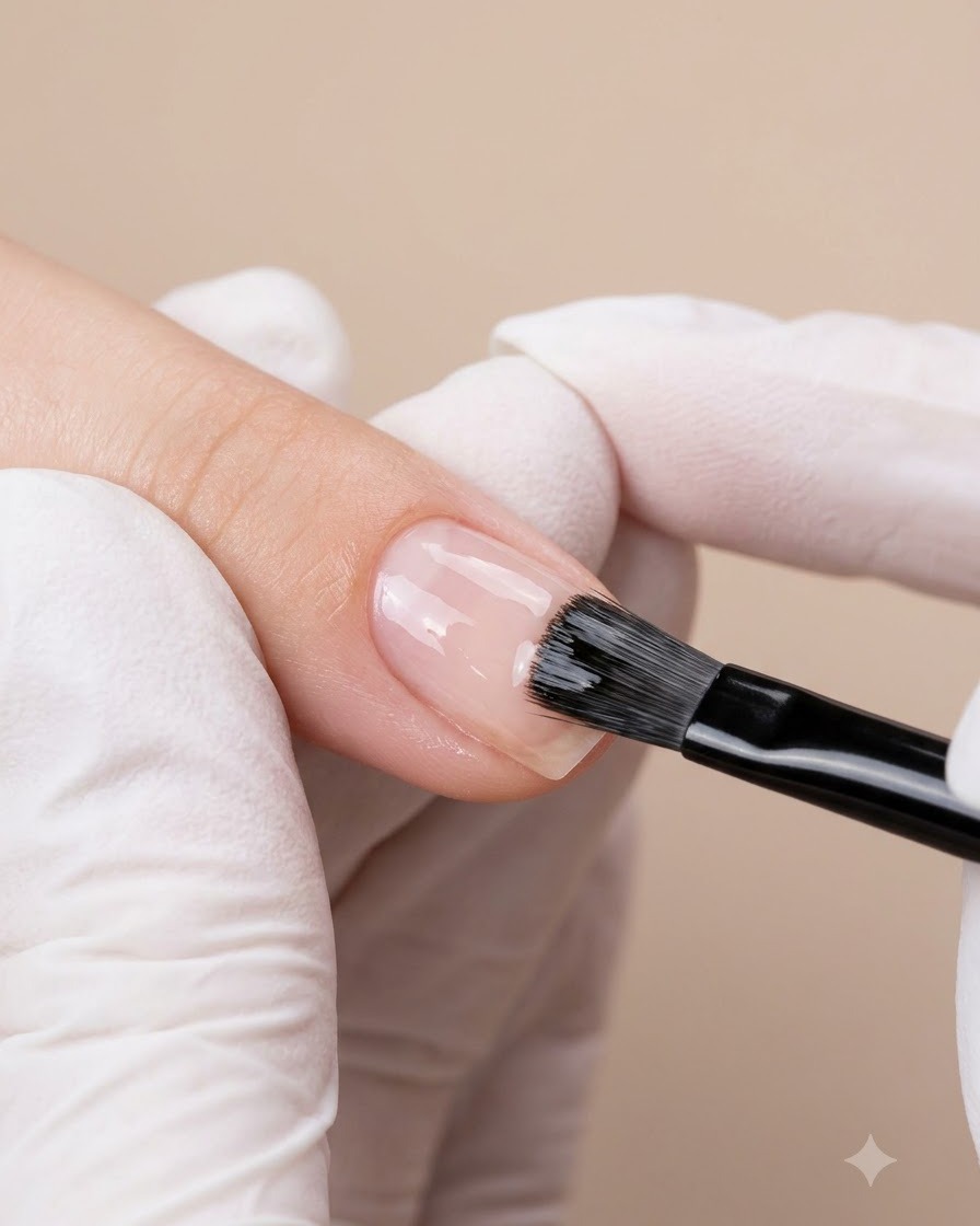Un pinceau à ongle étalant du gel rose nudé sur les parois latérales dun ongle.
