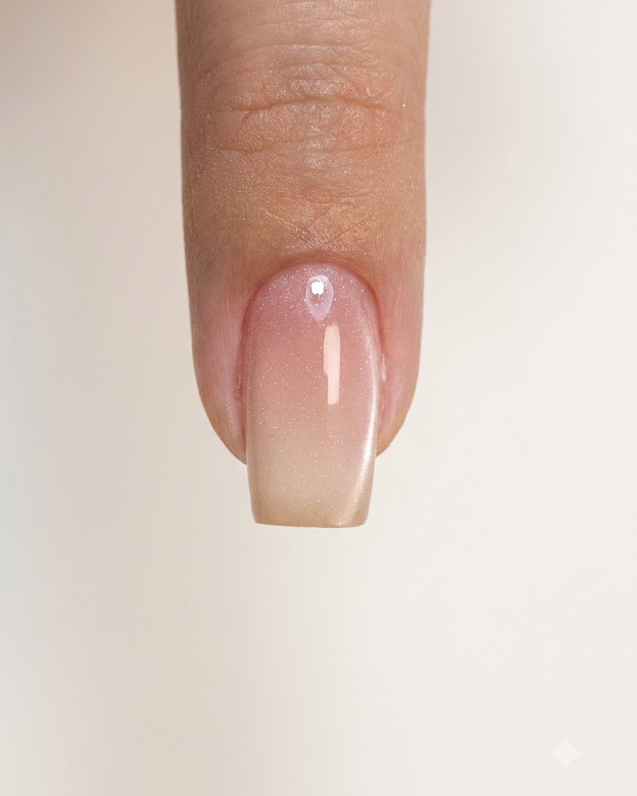 Un seul ongle avec une finition de vernis dégradé rose nudé catalysé.