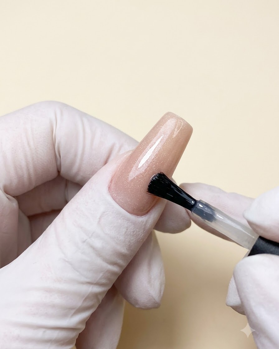 Un pinceau appliquant du vernis gel cat-eye magnétique argenté sur une base nude sur une extension dongle.