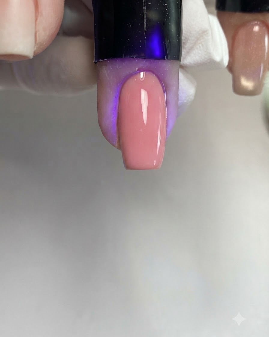 Un pinceau appliquant une couche uniforme de gel cat-eye rose sur un ongle de forme carrée sous léclairage dun salon.