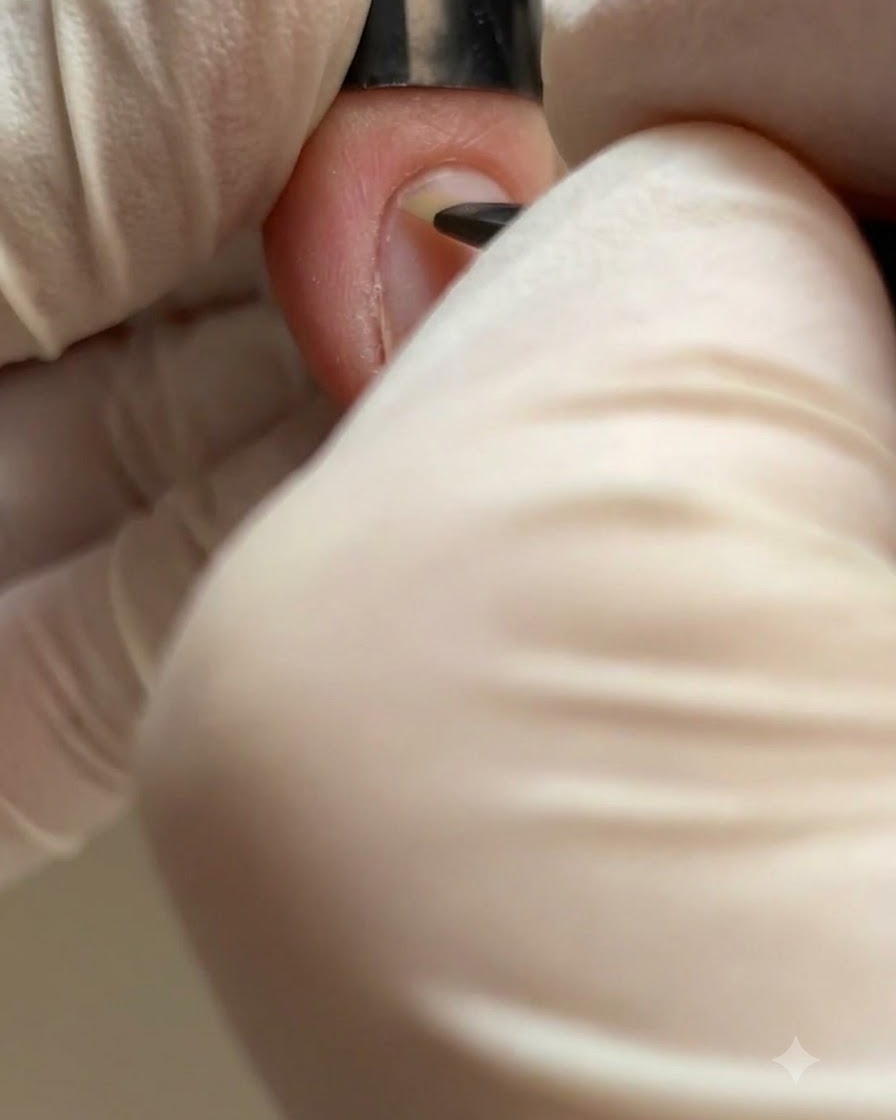 Un petit aimant cylindrique tenu verticalement près du bord dun ongle en gel cat-eye pour déplacer les reflets.