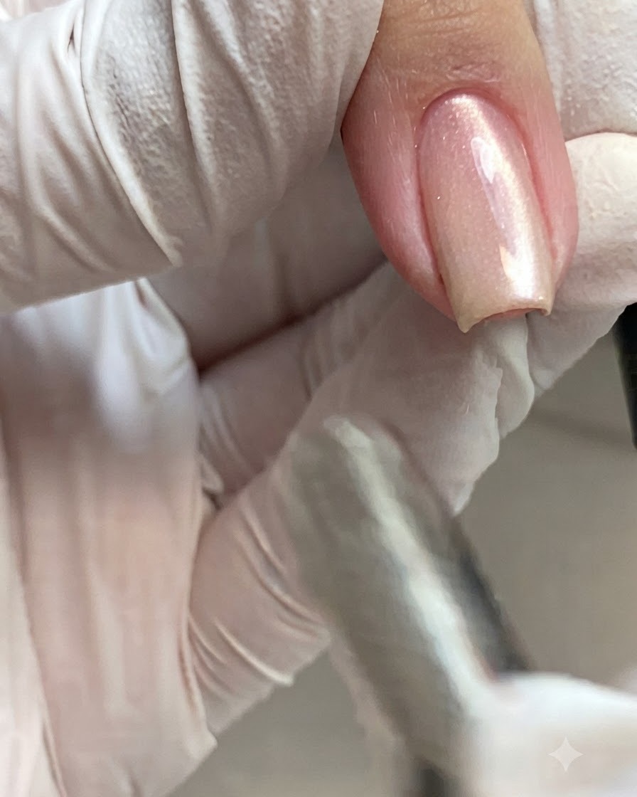 Une main ajustant un outil près dun ongle en gel cat-eye chatoyant pour parfaire le reflet de la lumière.
