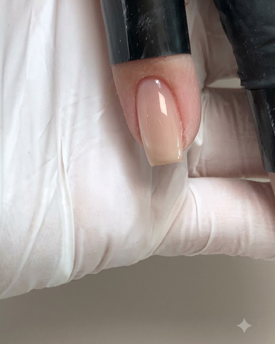 Gros plan dun doigt avec un ongle en gel nudé brillant fini placé sous une lampe de polymérisation UV/LED rose.