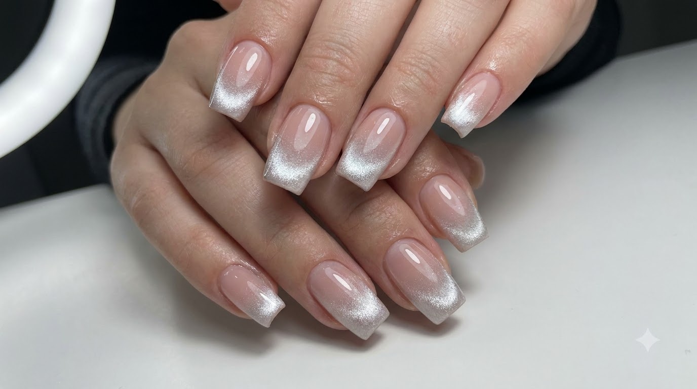 Ongles Cat-Eye Rose Nudé avec Dégradé Argenté — Tutoriel Étape par Étape
