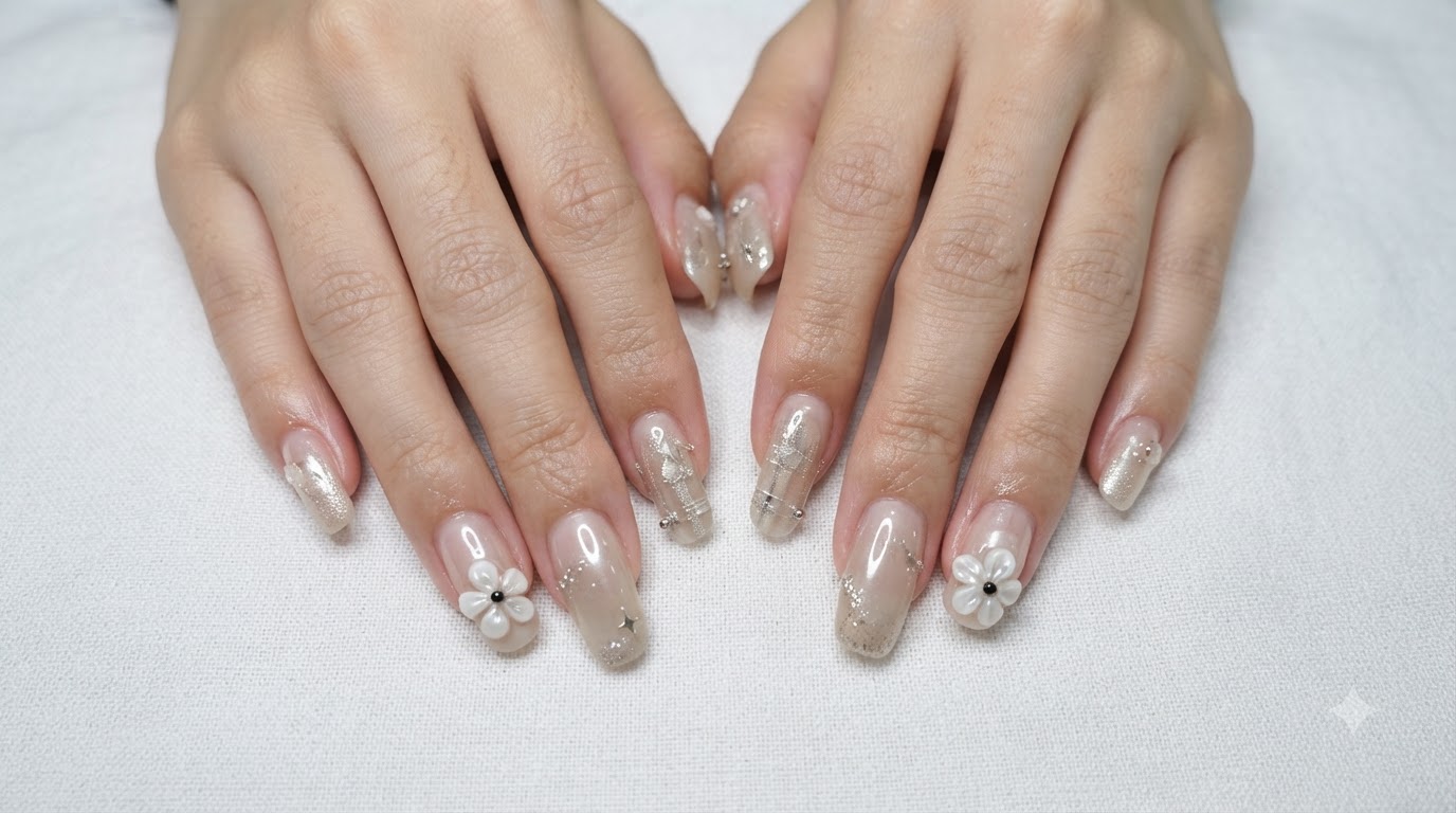 Tutoriel d'Ongles Effet Dégradé Milky Blanc Nacré et Détails 3D