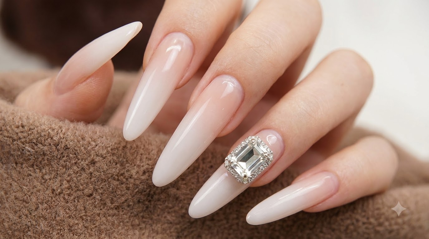 Ongles Ombré Blanc Laiteux avec Strass — Tutoriel Étape par Étape